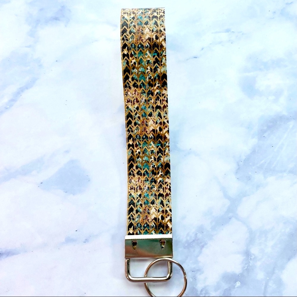 Feather Gold Zig Zag keychain, vegan leather